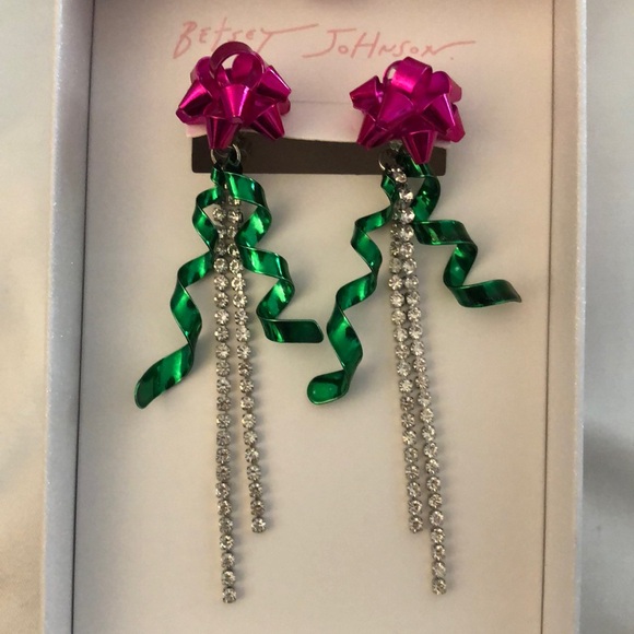 Betsey Johnson Christmas Bow Front Back Drop Earrings Fringe Accents NIB - Picture 5 of 12